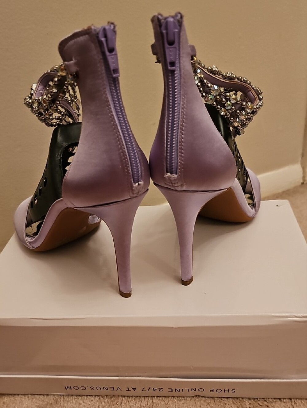 Gianni Bini Lavender Satin Crystal T-Strap Heels - Picture 6 of 7